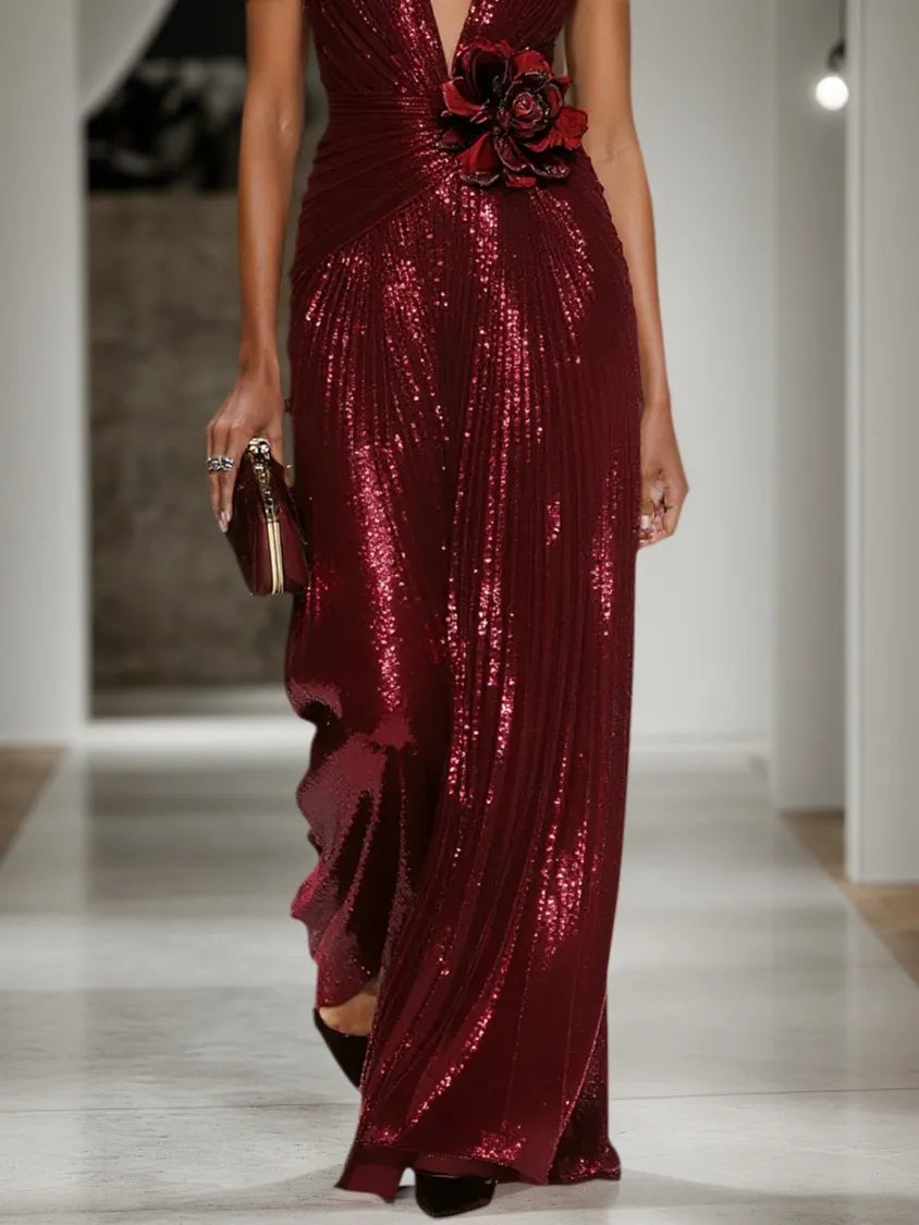 Abito lungo a tubino senza maniche color rosso vino con scollo a V e paillettes floreali 3D