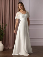 Weißes A-Linien V-Ausschnitt Spitzen Chiffon Hochzeitskleid