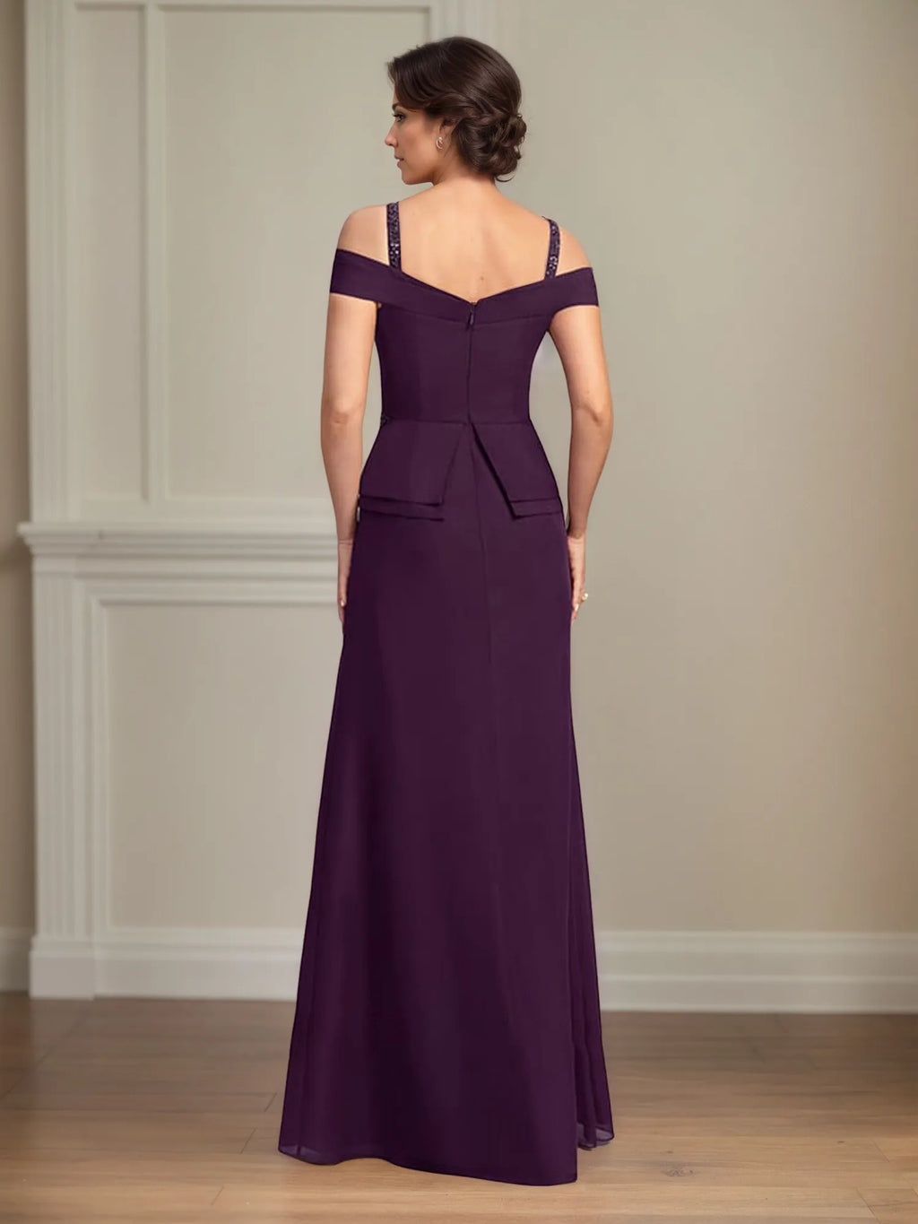 A Line Cold Shoulder Floor Length Chiffon Mother of the Bride Dress With Beading Sequins