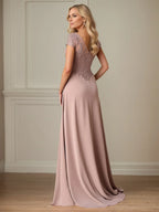A-Linien Satin Kurzarm bodenlanges Mutter-der-Braut-Kleid mit Spitze