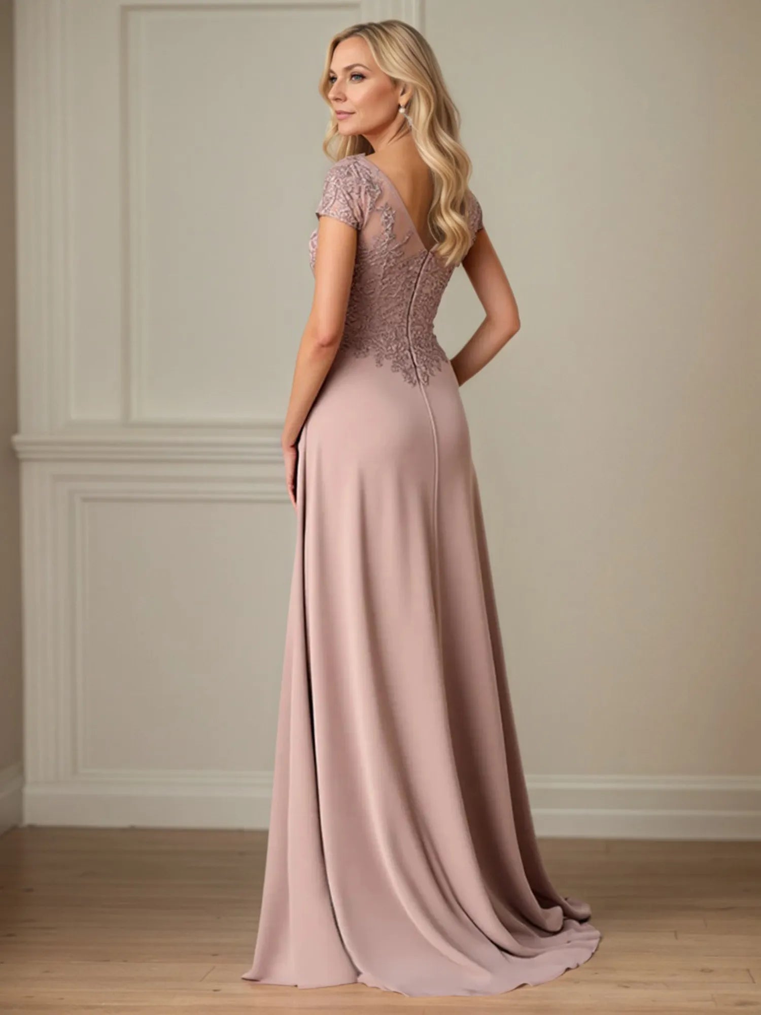 A Line Satin Short Sleeve Floor Length Mother of the Bride Dress with Lace