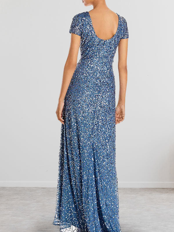 Vestido largo para madre de la novia azul polvo con lentejuelas y escote redondo ajustado