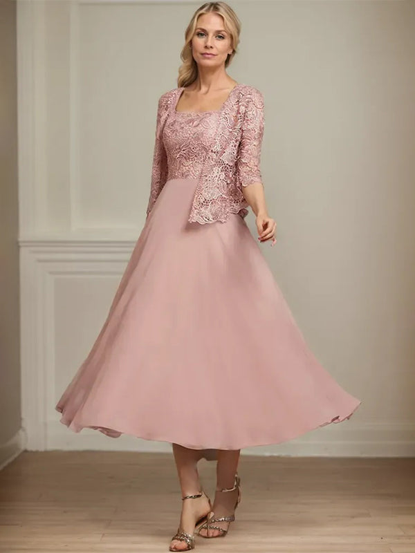 Vestido de mãe da noiva em chiffon e renda, linha A, comprimento tea, decote quadrado com bordados de lantejoulas