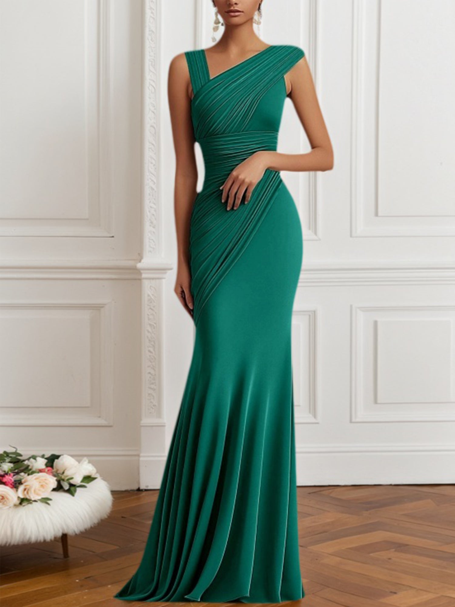 Formal Evening Dress Green V-Neck Pleated Mermaid Maxi Gown