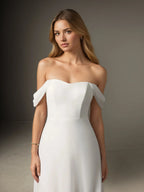 Abito da sposa bianco a linea ad A con scollo a barca e chiffon elasticizzato senza spalline