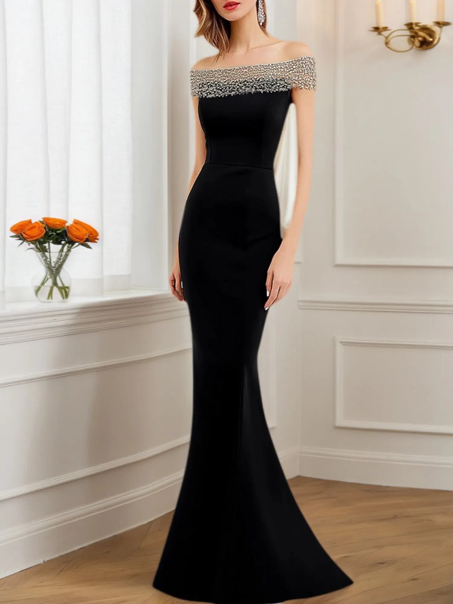 Formal Evening Dress Black Off-The-Shoulder Fitted Mermaid Maxi Gown