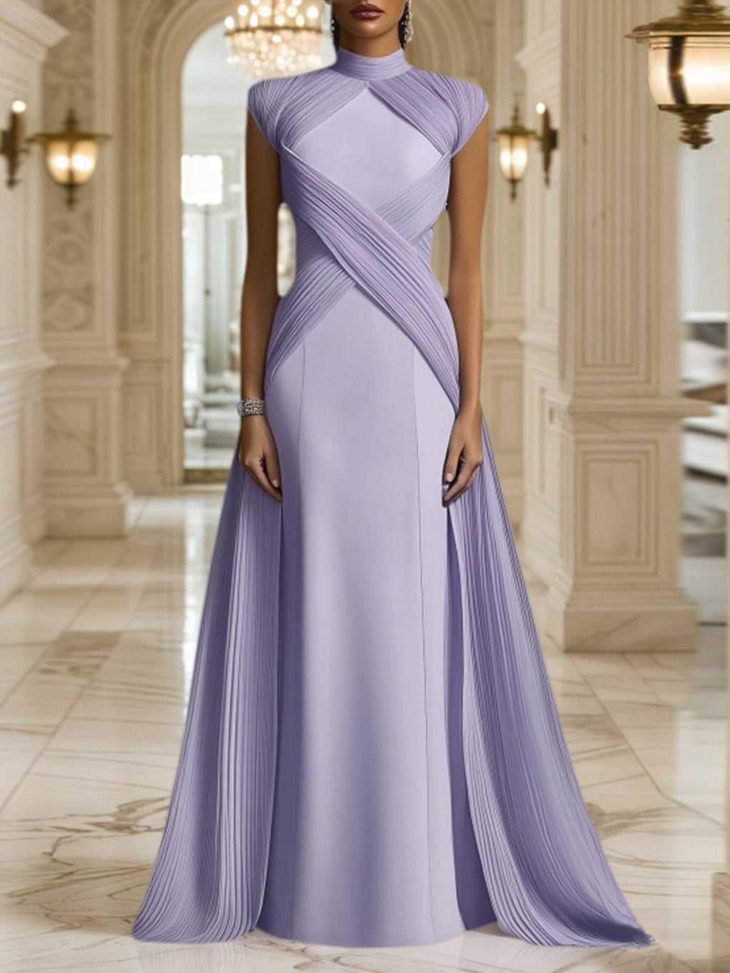 Formal Evening Dress Purple Stand Collar Pleated Train Maxi Gown
