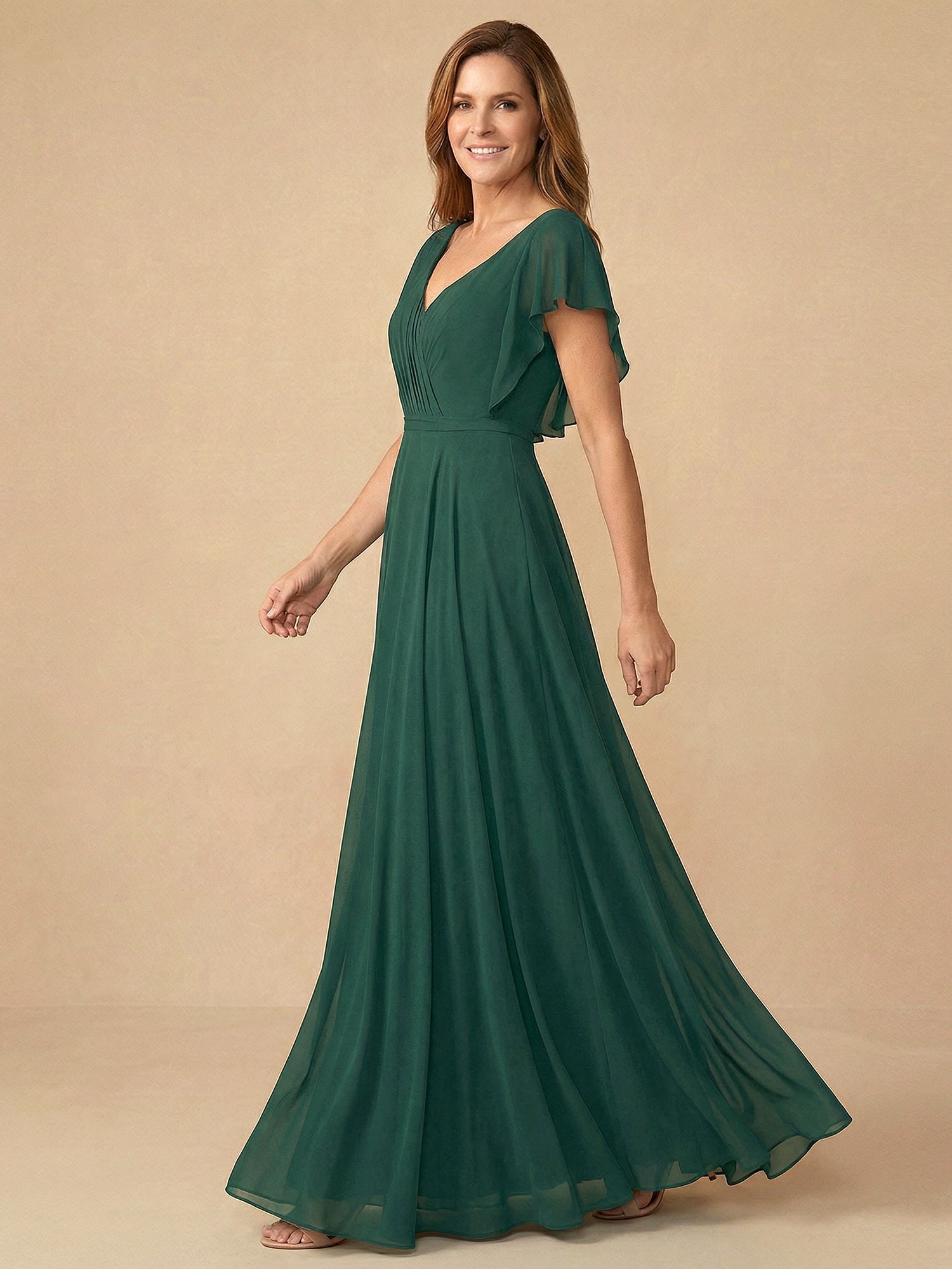 Vestido para madre de la novia con mangas acampanadas, escote en V, volantes de gasa y pliegues