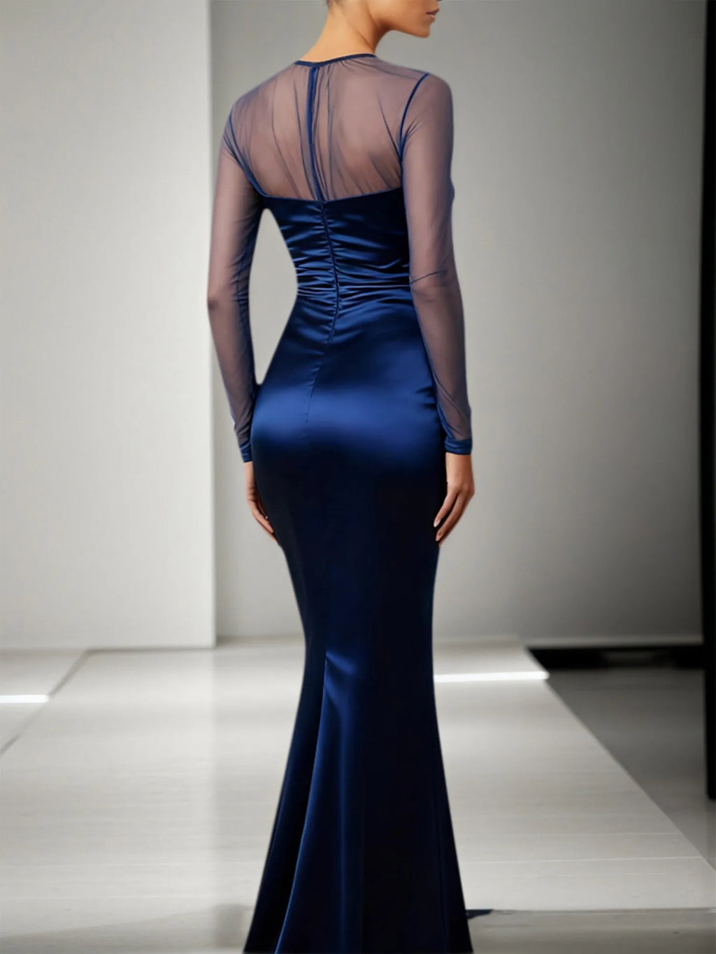 Marineblaues formelles Meerjungfrau Kleid mit transparenten Ärmeln Satin Maxikleid