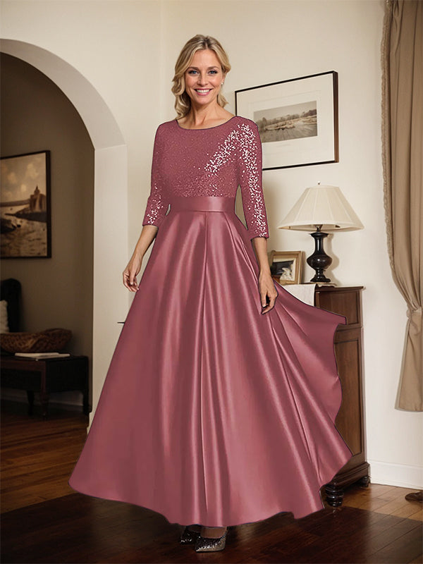 Glitzerndes marineblaues Satin Kleid mit Rundhalsausschnitt und Pailletten für die Mutter der Braut