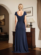 Marineblaues Mutter-der-Braut-Kleid mit quadratischem Ausschnitt und Schleife, lang