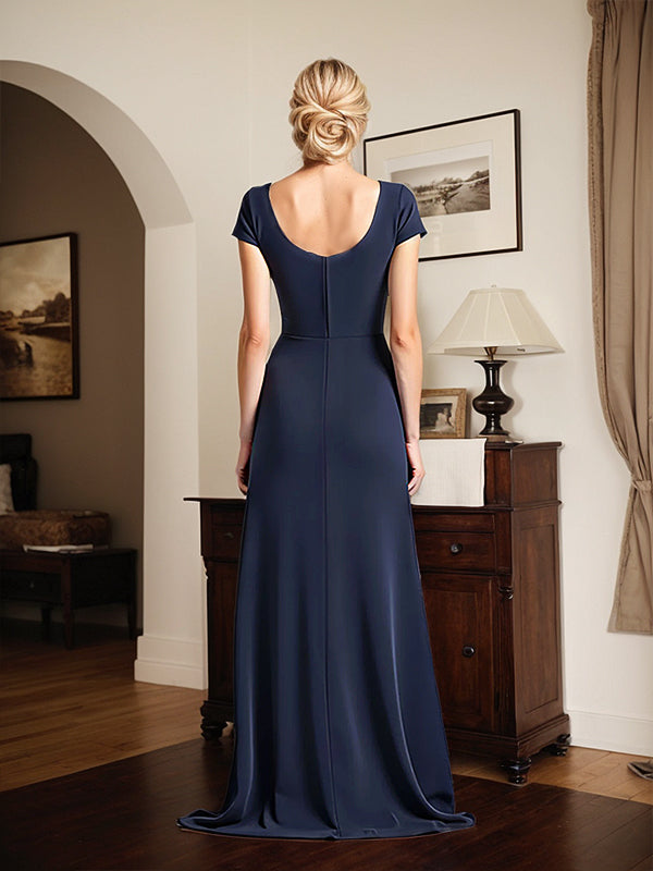 Marineblaues Mutter-der-Braut-Kleid mit quadratischem Ausschnitt und Schleife, lang