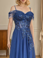 Dark Blue A Line Spaghetti Straps Long Prom Dress With Appliques