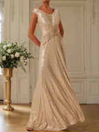 Vestido largo sin mangas en línea A con lentejuelas color champán dorado