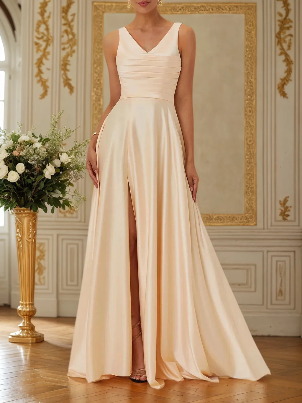 Vestido Longo de Madrinha em Cetim Champanhe com Fenda, Decote V e Franzido, Sem Mangas, Modelo A-Line