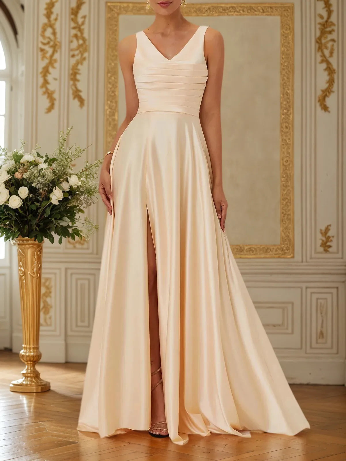 Vestido Longo de Madrinha em Cetim Champanhe com Fenda, Decote V e Franzido, Sem Mangas, Modelo A-Line