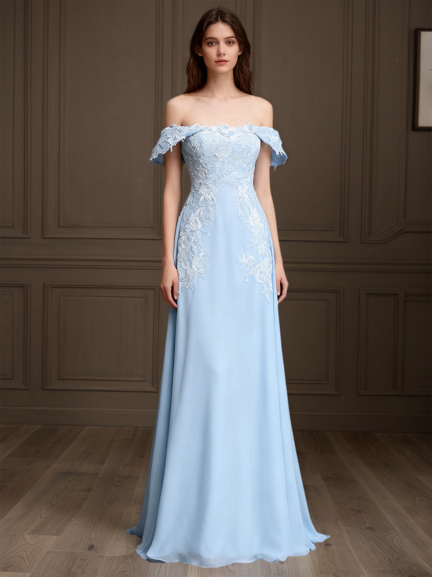 Elegantes schulterfreies Chiffon-Etuikleid lang Mutter der Braut mit Spitzenapplikationen