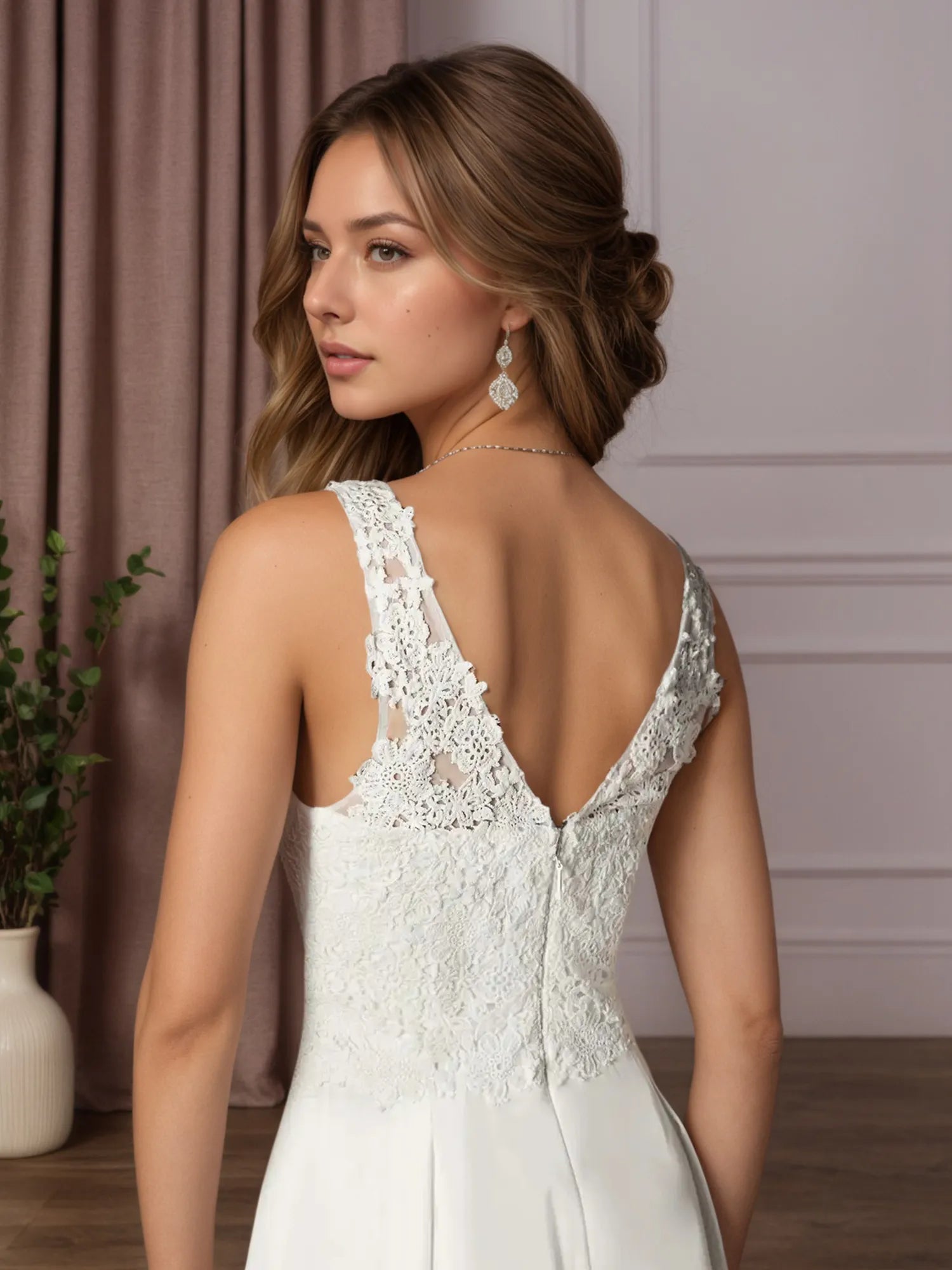 Vestido de novia blanco de encaje y gasa, con escote en V y pantalones