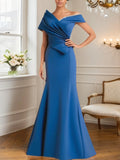 Evening Formal Dress Blue Off-The-Shoulder with Pearls Maxi Dress