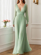 Formal Evening V-Neck Dress Green Long Sleeve Maxi Dress