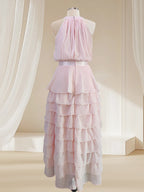 A Line Pink Chiffon Halter Neck Sleeveless Ankle Length Dress With Cascading Ruffles