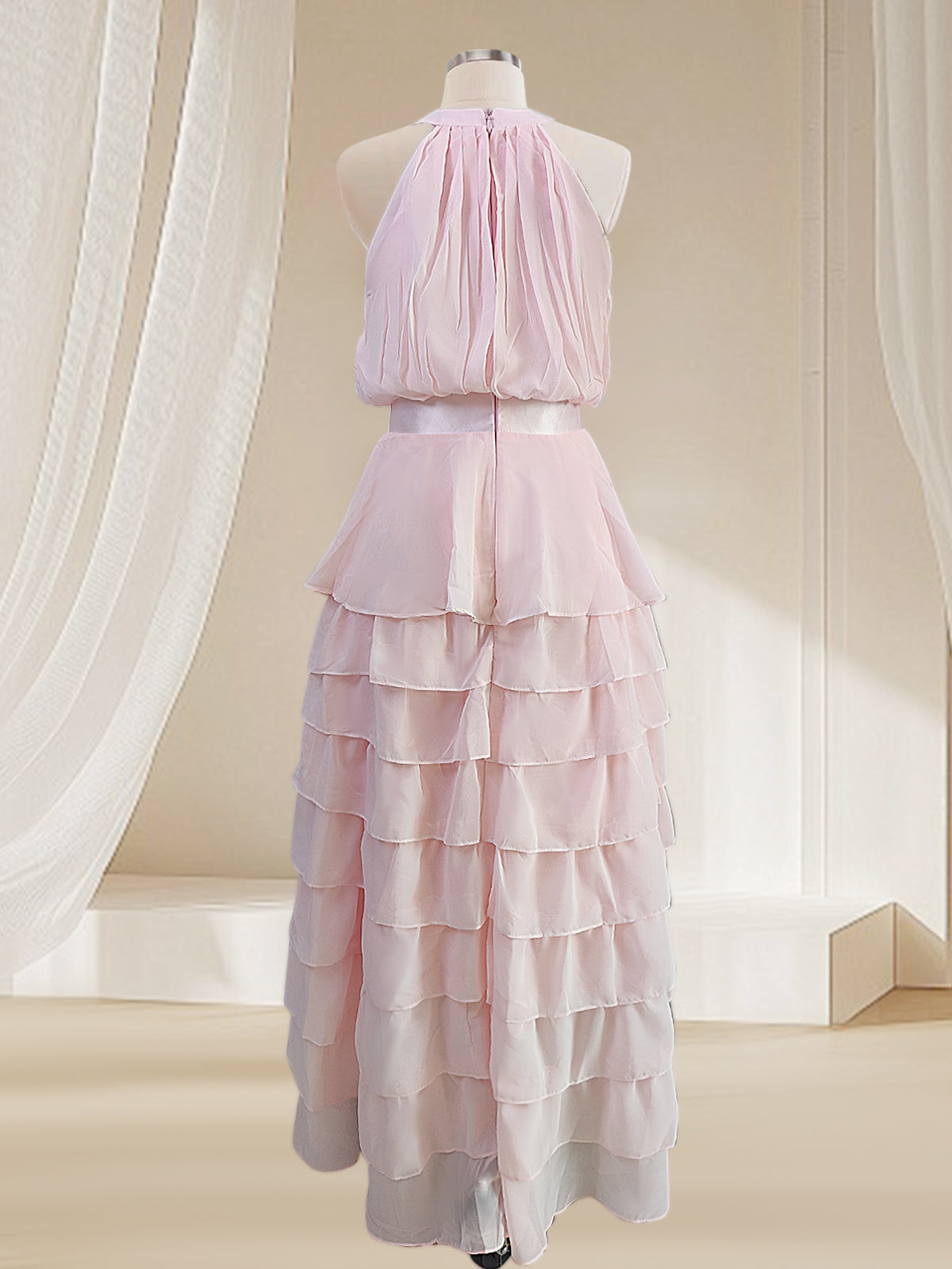 A Line Pink Chiffon Halter Neck Sleeveless Ankle Length Dress With Cascading Ruffles