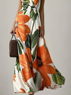 Robe maxi classique orange à fleurs col en V sans manches ligne A
