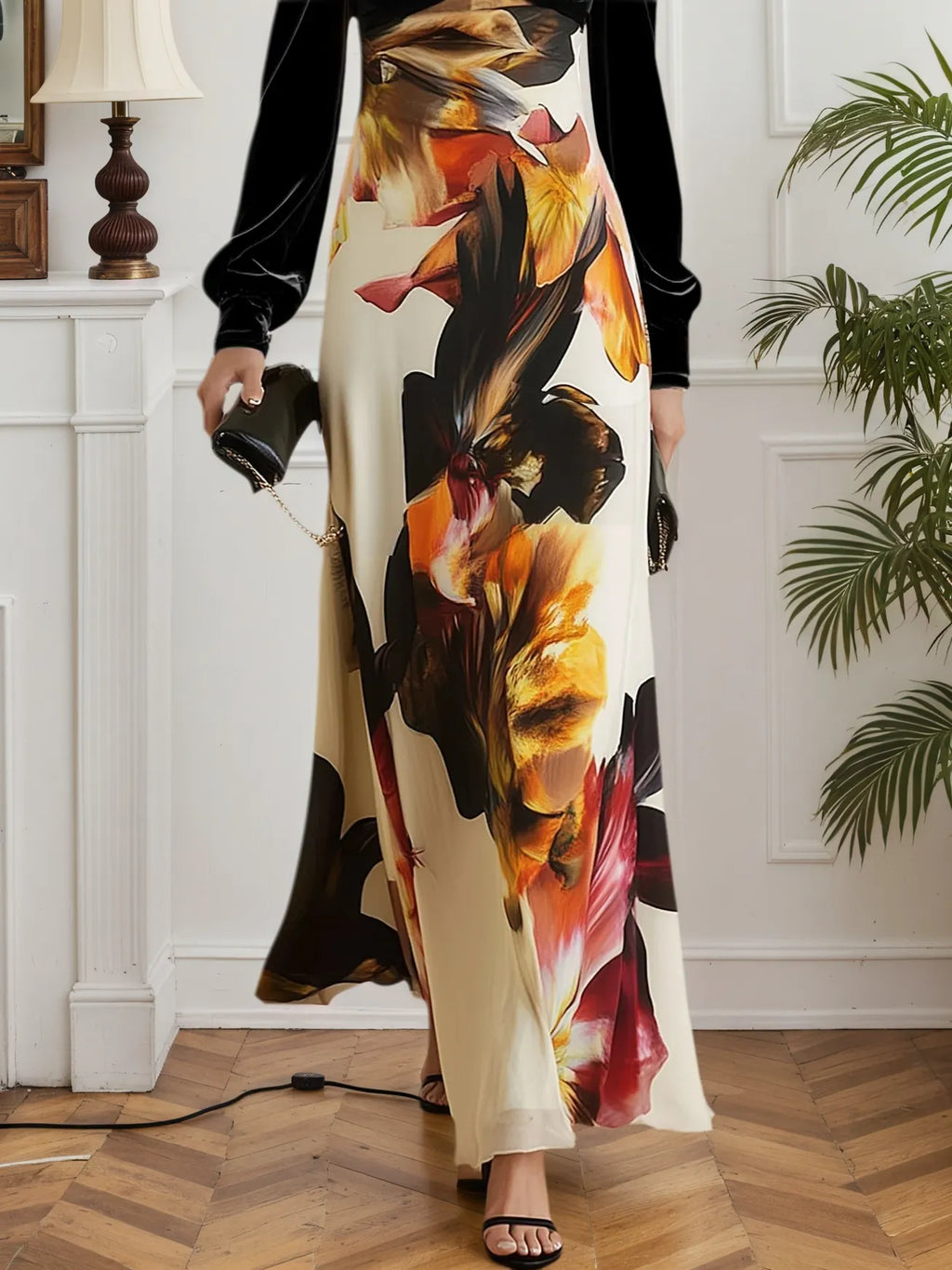 Abito lungo a linea a trapezio nero con maniche a palloncino lunghe, scollo sweetheart classico, drappeggiato e con spacco