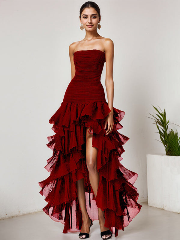 Schickes Dunkelgrünes Trägerloses Tüll Stufiges Langes Festkleid