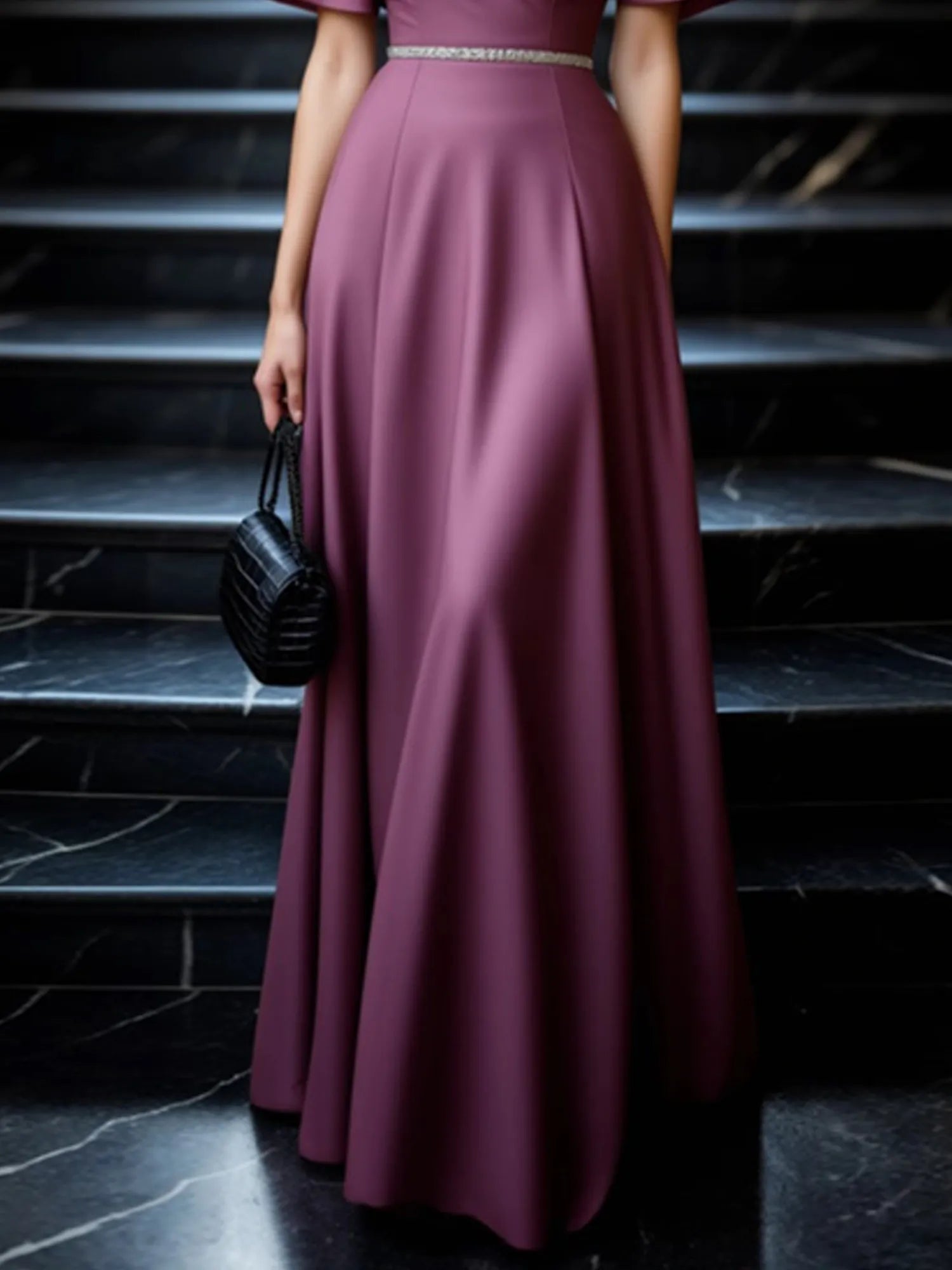 Evening Dress Purple V Neck Belted Maxi Mother of the Bride Dress