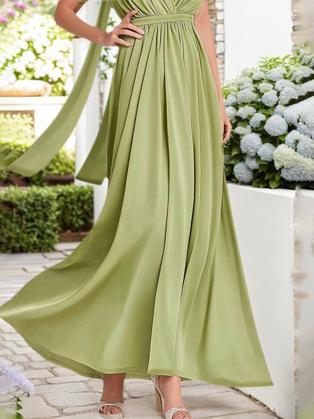 Vestido verde plissado longo para convidada de casamento no outono, com lenço