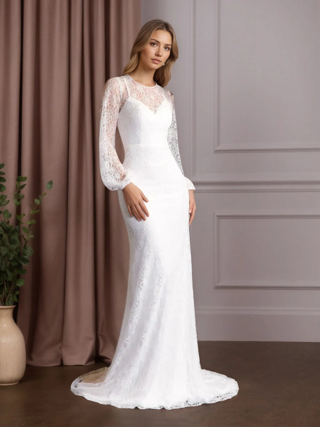 Vestido de novia blanco sirena con escote redondo y encaje