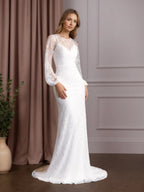 Vestido de novia blanco sirena con escote redondo y encaje