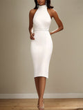 Semi-Formal Party Dress White Halter Neck Tea Length Dress