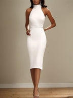 Semi-Formal Party Dress White Halter Neck Tea Length Dress