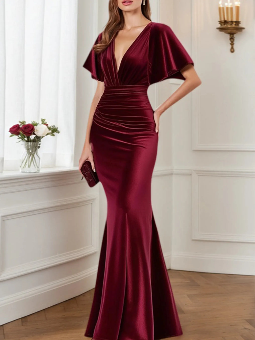 Vestido formal de terciopelo burdeos con escote en V, largo maxi para madre de la novia