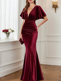 Vestido formal de terciopelo burdeos con escote en V, largo maxi para madre de la novia