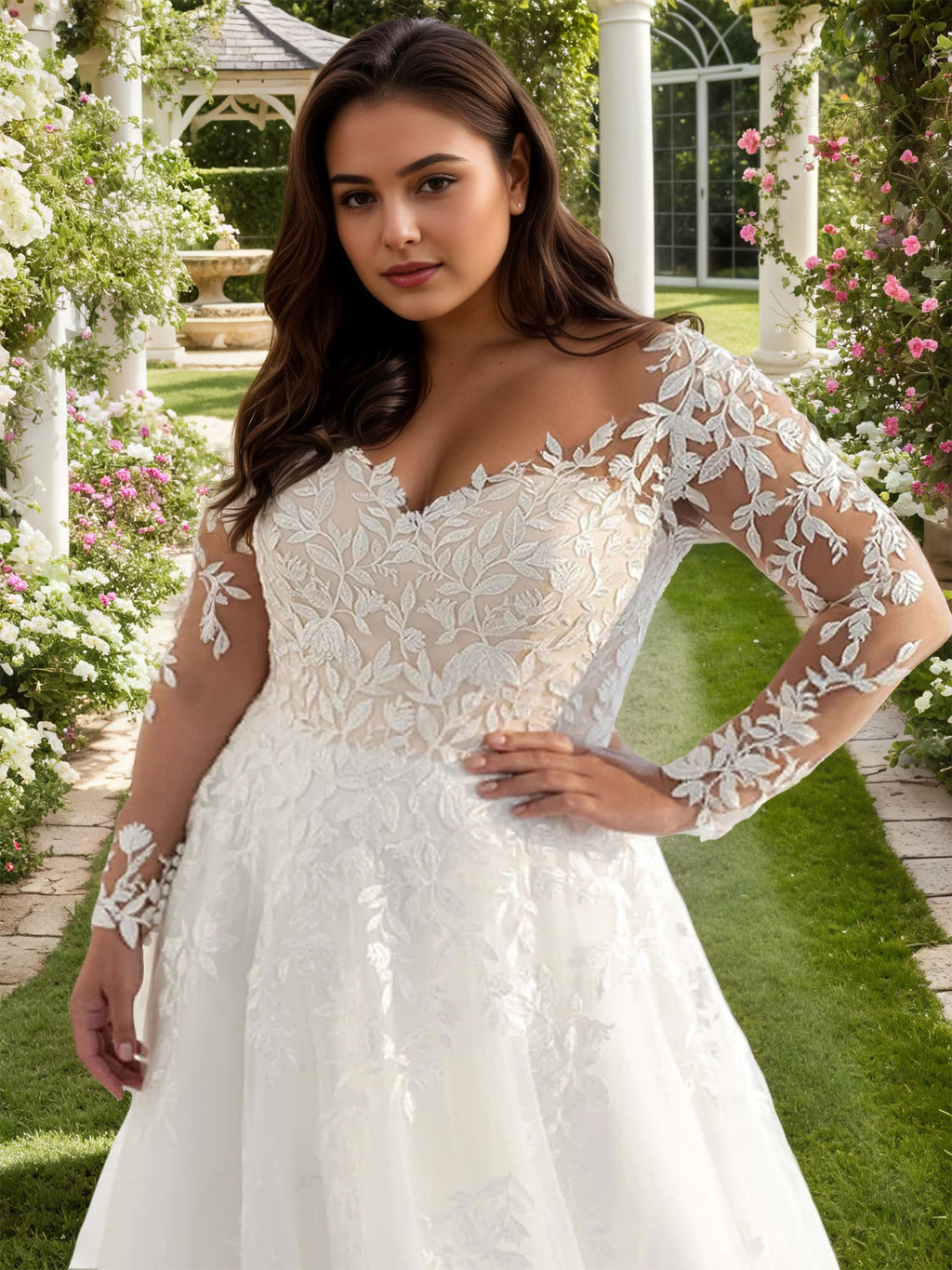 White Long Sleeves Wedding Dress Plus Size Applique V Neck Bridal Gown