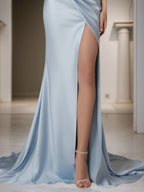 Formal Evening Dress Blue V Neck Satin Maxi Dress
