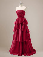 Red A Line Strapless Pleated Tiered Floor Length Ruffle Bridesmaid Dress