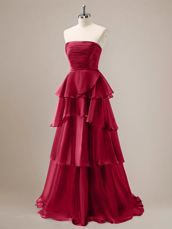 Red A Line Strapless Pleated Tiered Floor Length Ruffle Bridesmaid Dress