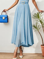 Hellblaues plissiertes gerafftes Herzausschnitt A-Linien Maxi Chiffonkleid