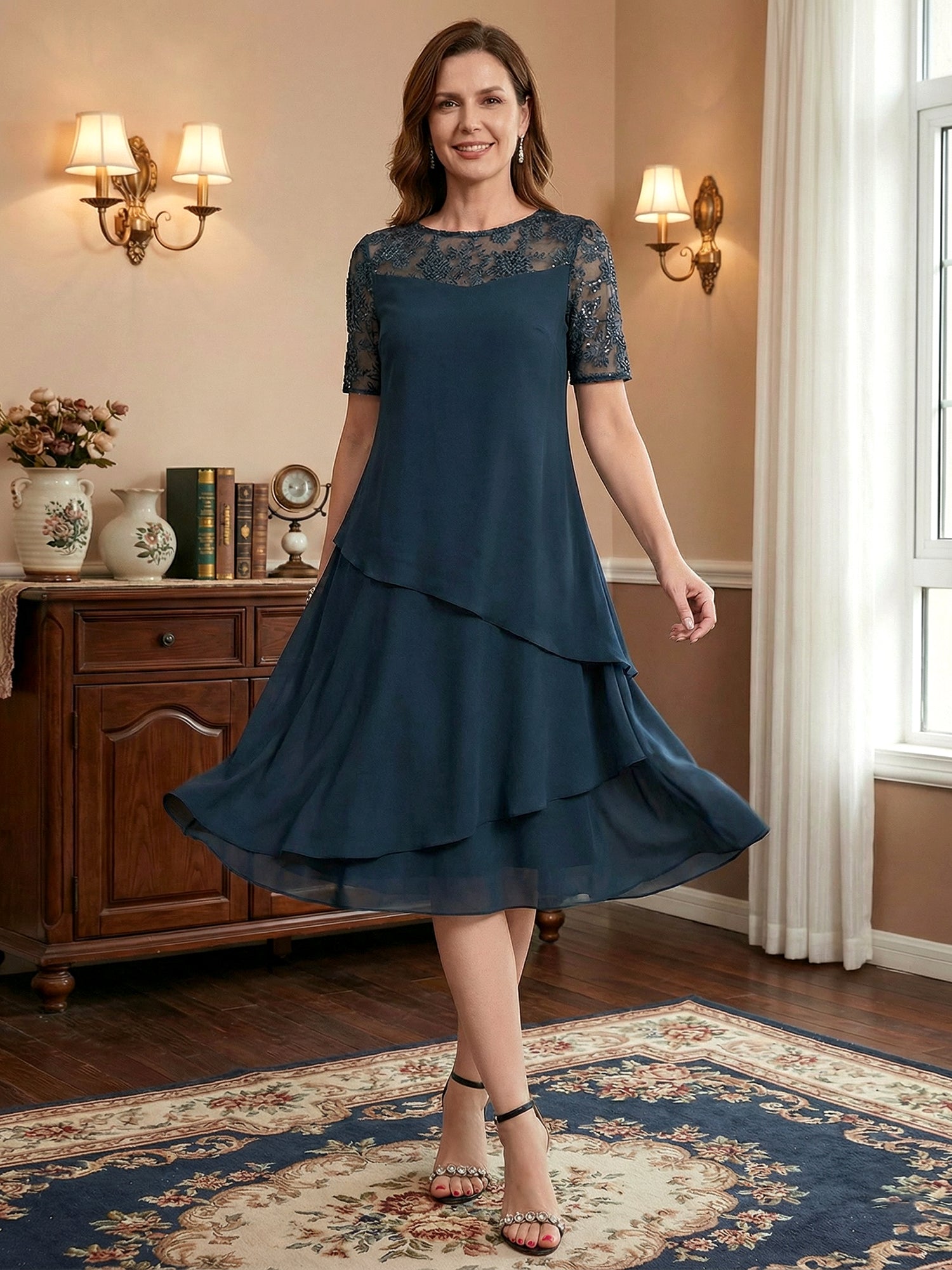 Vestido de madre de la novia línea A con escote redondo ilusión, encaje de gasa a la rodilla y lentejuelas