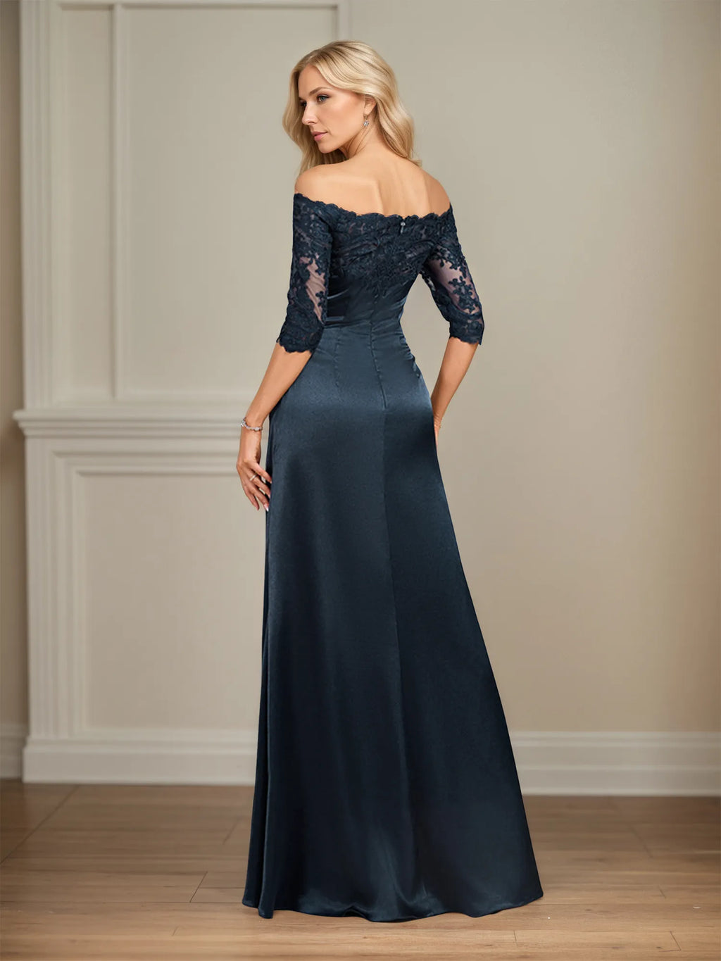 Sheath/Column Off the Shoulder Floor-Length Lace Stretch Satin Evening Dress With Pleated