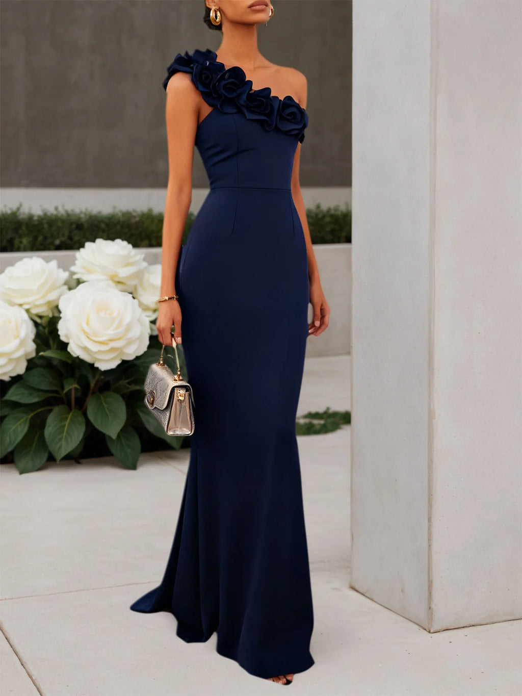 Vestido azul marino clásico con flores 3D, un solo hombro, sin mangas, corte sirena