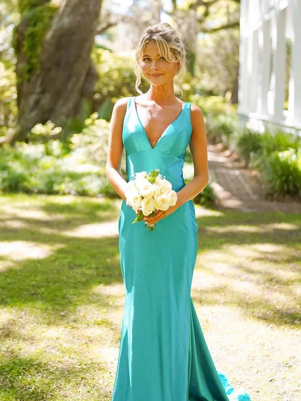 Vestito lungo da ballo verde sirena con scollo a V e schiena scoperta