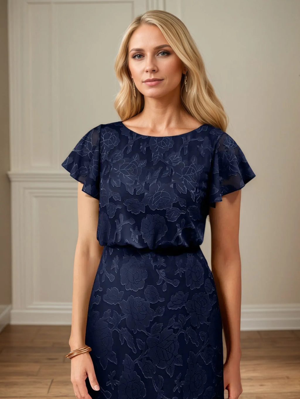 A Line Boat Neck Short Sleeve Floral Burnout Mother of the Bride Dress