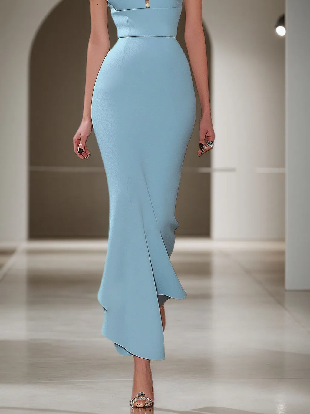 Vestido longo azul claro com pérolas falsas, decote quadrado e mangas curtas