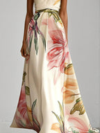 Pink Floral Satin One Shoulder Sleeveless A-Line Maxi Dress