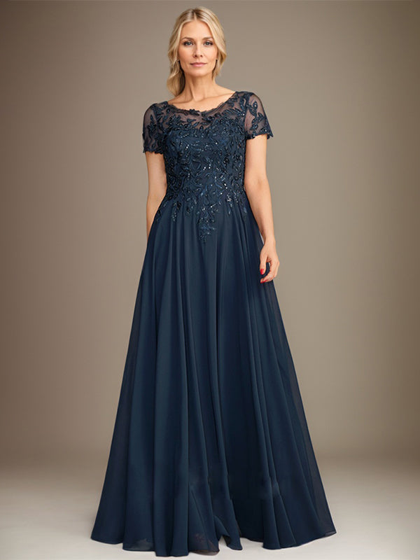 Robe de mère de la mariée en chiffon à coupe évasée, encolure arrondie, longueur au sol, avec appliques et sequins